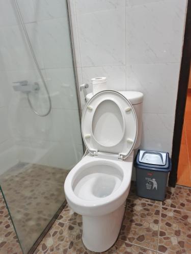 a white toilet in a bathroom with a shower at Spring Hill Hotel Ruteng in Ruteng