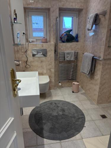 a bathroom with a sink and a toilet and a rug at das CHISTO - Ferienwohnungen im Herzen der Kneippstadt in Bad Wörishofen