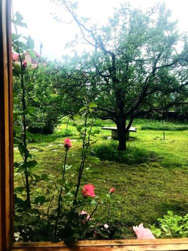 a window view of a park with a bench and flowers at Manali House in Manāli