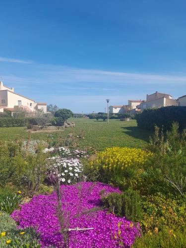 un jardin avec des fleurs violettes et blanches dans un champ dans l'établissement Appartement cosy et lumineux à 50 m de la plage, au Cap d'Agde