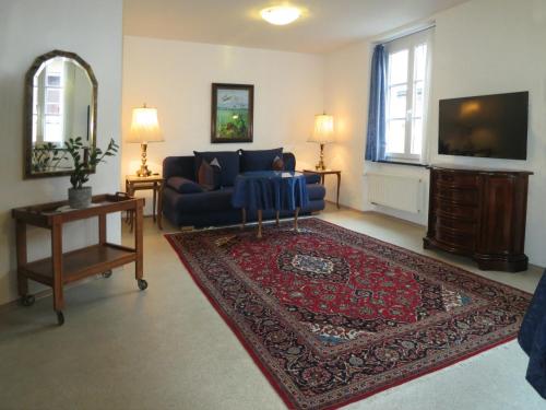 a living room with a blue couch and a rug at Atelier Probst- Salmannsweilergasse in Konstanz