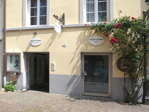 a building with two doors and flowers on it at Atelier Probst- Salmannsweilergasse in Konstanz