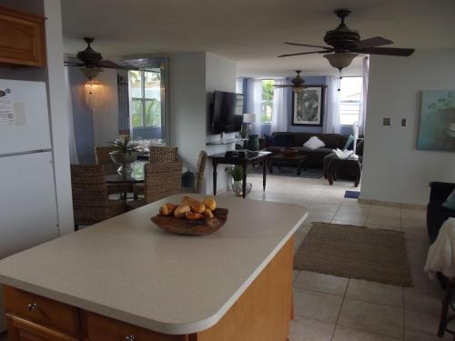 a kitchen with a bowl of fruit on a counter at Beautiful Home At The Hill With Private Pool in Ceiba