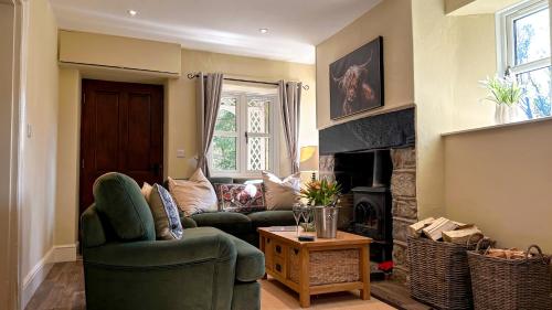 a living room with two couches and a fireplace at Bettws Hall Accommodation in Newtown