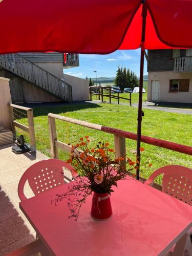 une table rouge avec un parapluie rouge et un vase avec des fleurs dans l'établissement Super Besse chez Sophie 2ch, séjour, wifi, 2tv, rdc, terrasse, parc, piscine, pkg, à Besse-et-Saint-Anastaise