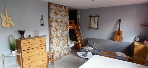 un salon avec un canapé et une guitare dans l'établissement Studio Allemont ALPE D'HUEZ gd domaine tt equipe, à Allemont