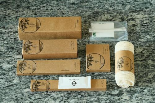 a group of cardboard boxes sitting on a counter at Atami Izusan Karaku in Atami