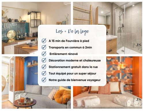 un collage de photos d'une cuisine et d'une salle de bains dans l'établissement La Loge du Gardien - T2 Proche Fourvière, à Lyon