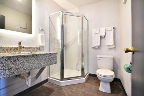 a bathroom with a shower and a toilet and a sink at OYO Hotel Shreveport Airport North in Shreveport