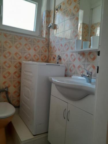 a bathroom with a sink and a toilet and a mirror at EmTo Suhi Potok in Jesenice