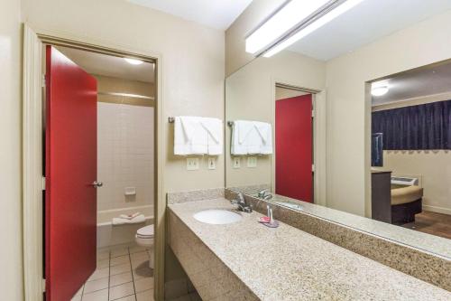 a bathroom with a sink and a mirror at Econo Lodge Inn & Suites I-35 at Shawnee Mission in Overland Park