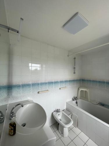 une salle de bain avec un lavabo, des toilettes et une baignoire dans l'établissement Kermenhir, a charming 18th century Breton farmhouse, à Loctudy