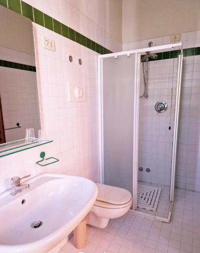 a bathroom with a sink and a toilet and a shower at Locanda al Caminetto in Monzambano