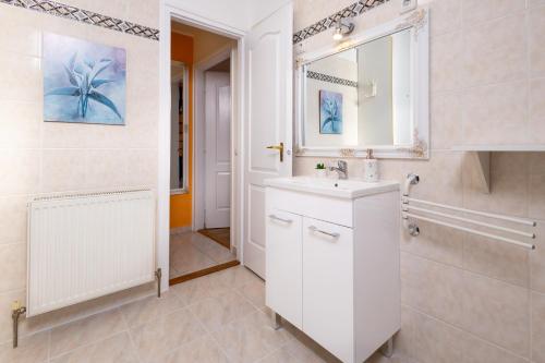 a bathroom with a white sink and a mirror at City Apartman Eger in Eger