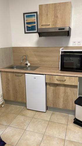 une cuisine avec un évier et un réfrigérateur blanc dans l'établissement Les Oliviers, au Teich