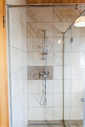 a shower with a glass door in a bathroom at Adventure Farm in Štore