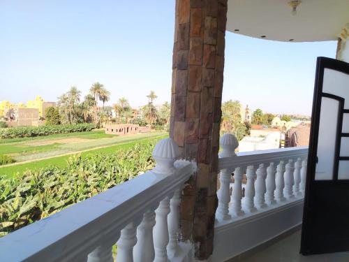 a white balcony with a view of a garden at Mena Palace Nile View in Luxor
