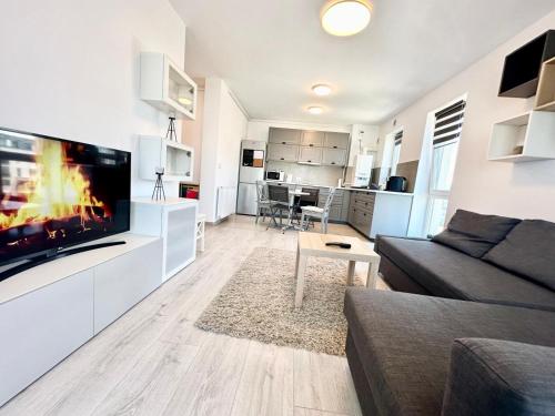 a living room with a couch and a tv and a fireplace at Kasper Coresi Mall - Rise Private Apartments & Suites in Braşov
