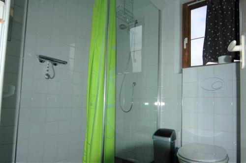 baño con cortina de ducha verde y aseo en Ipharra, en Cadzand