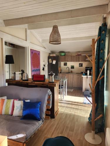 un salon avec un canapé et une cuisine dans l'établissement Chalet tout confort et tout équipé, à La Teste-de-Buch