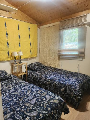 deux lits dans une chambre avec une fenêtre dans l'établissement Chalet tout confort et tout équipé, à La Teste-de-Buch