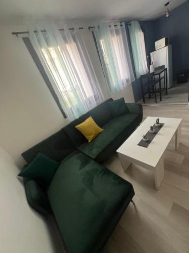 un salon avec un canapé vert et une table dans l'établissement studio de la gare, à Vesoul