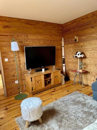 un salon avec une télévision sur un mur en bois dans l'établissement Appartement cocooning aux Angles, aux Angles