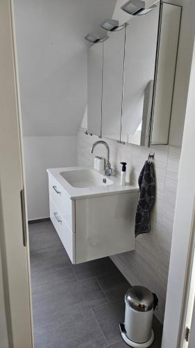 a white bathroom with a sink and a mirror at FeWo Gisela in Fehmarn