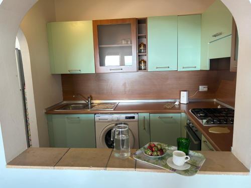 a small kitchen with green cabinets and a dishwasher at Villa Camilla-Stintino, Sardegna in Sassari