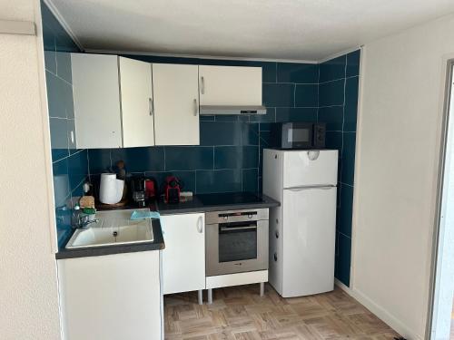 une petite cuisine avec un évier et un réfrigérateur dans l'établissement Appart Gwen, à Gruissan