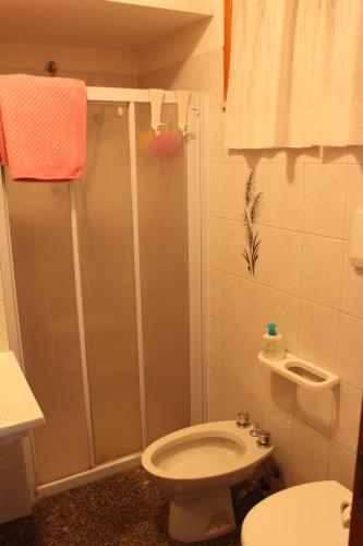 ein Bad mit einer Dusche und einem WC in der Unterkunft B&B Mattia in Civitanova Marche