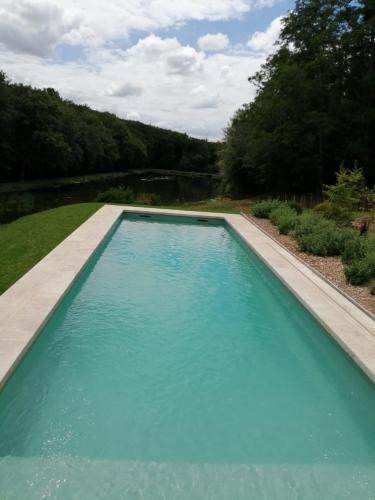 une piscine avec de l'eau bleue dans une cour dans l'établissement Domaine du Ris de Feu Gîtes de charme, à Chalais