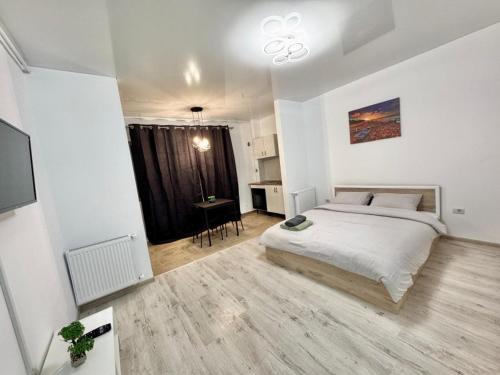 a bedroom with a bed and a desk and a television at Garsonieră spațioasă Wi-Fi rapid, check-in flexibil in Roşu