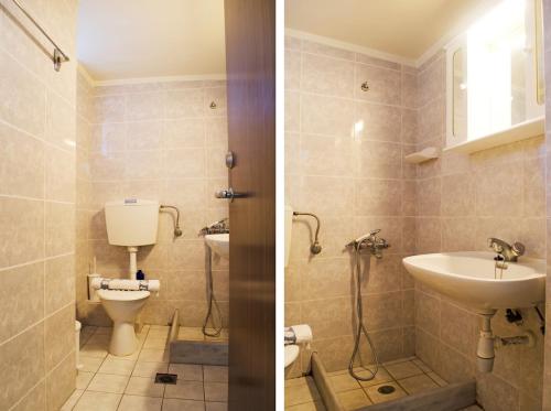 two pictures of a bathroom with a toilet and a sink at Heraklion-Pinelopi Apartment in Ayía Marína