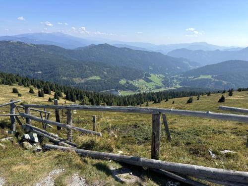 a fence on a hill with mountains in the background at ALMNEST - LACHTAL in Lachtal