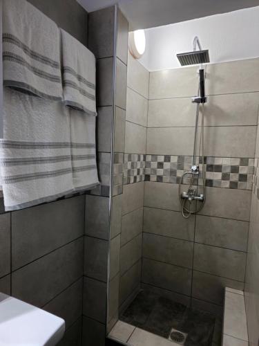 a bathroom with a shower with a glass door at Dimitra's house in Glóssa
