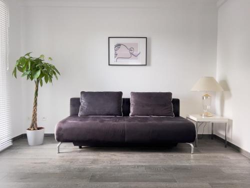 a black couch in a living room with a plant at Modernes Wasserfront Wohnung, Terrasse, Parkplatz in Flörsheim
