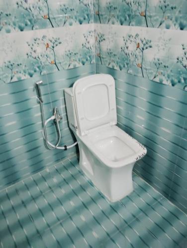 a bathroom with a toilet in a blue wall at Green Hills Homestay in Dhanaulti