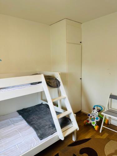 a bunk bed with a ladder in a room at Mysig legenget nära Isaberg in Nissafors