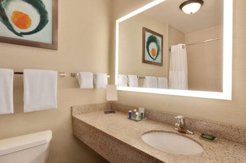 a bathroom with a sink and a mirror at Radisson Hotel Lenexa Overland Park in Lenexa