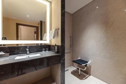 a bathroom with a sink and a mirror at Tbilisi Philharmonic Hotel by Mercure in Tbilisi City