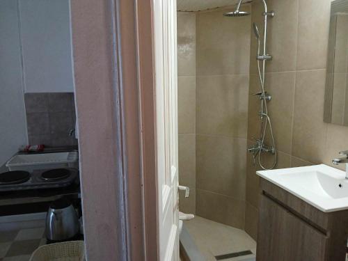 a small bathroom with a sink and a shower at Pantheon Apartments Kos Town in Kos