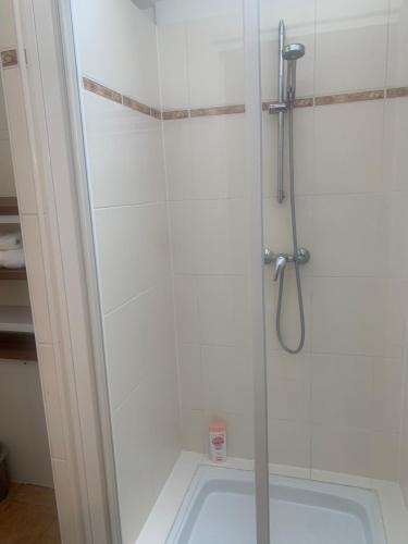 une douche avec une porte vitrée dans une salle de bain dans l'établissement Chambre d'hôte chez Kahi, à Brunoy