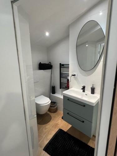 une salle de bain avec un lavabo et un miroir et des toilettes dans l'établissement Victor Hugo - ANGERS, à Angers