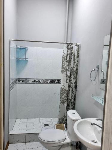 a bathroom with a shower and a toilet and a sink at shafranhotel in Tashkent