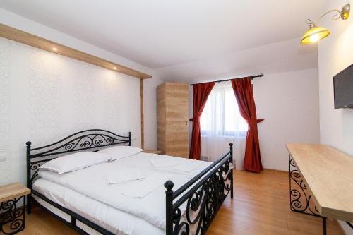 オクナ・シュガタグにあるPensiunea Marea Alpina, Maramuresのベッドルーム(黒いベッド1台、窓付)