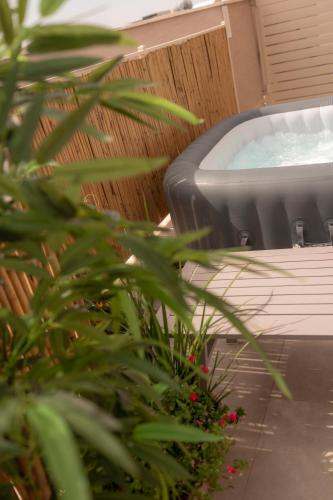 a jacuzzi tub with a plant in front of it at סקנד פלור סוויטה מודרנית מפנקת ברמת הגולן in Qasrîne