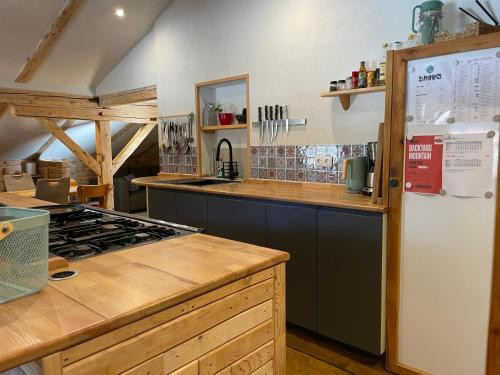 a kitchen with a white refrigerator and a counter at Backyard Mountain in Mayrhofen
