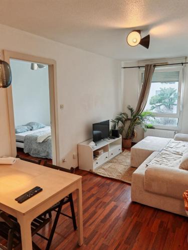 un salon avec un lit et une table dans l'établissement Charmant appartement au centre, à Strasbourg