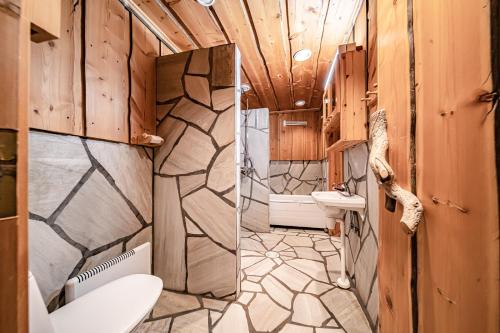 ein Badezimmer mit Toilette, Waschbecken und Spiegel in der Unterkunft Charming Cottage Levi in Levi